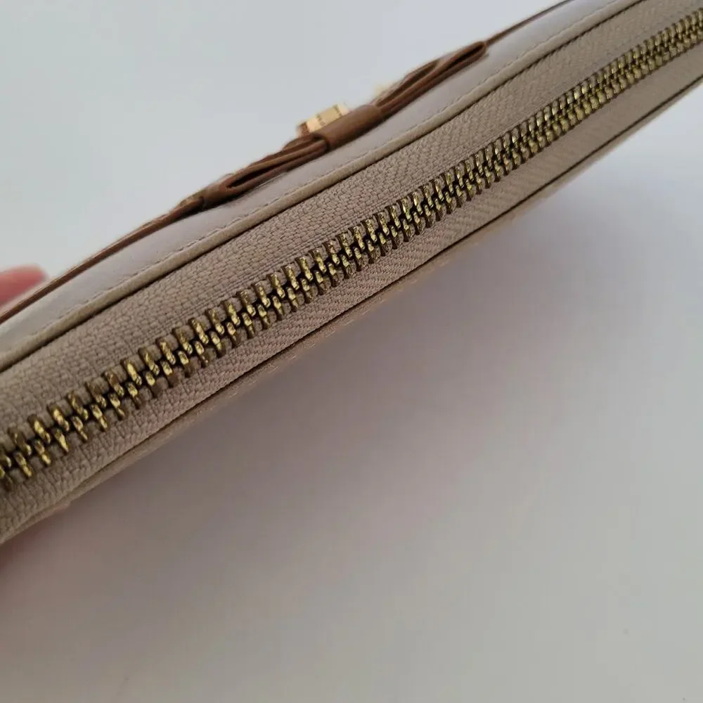Tory‎ Burch Beige Bow Leather Zip Around Large Wallet Long Clutch Logo